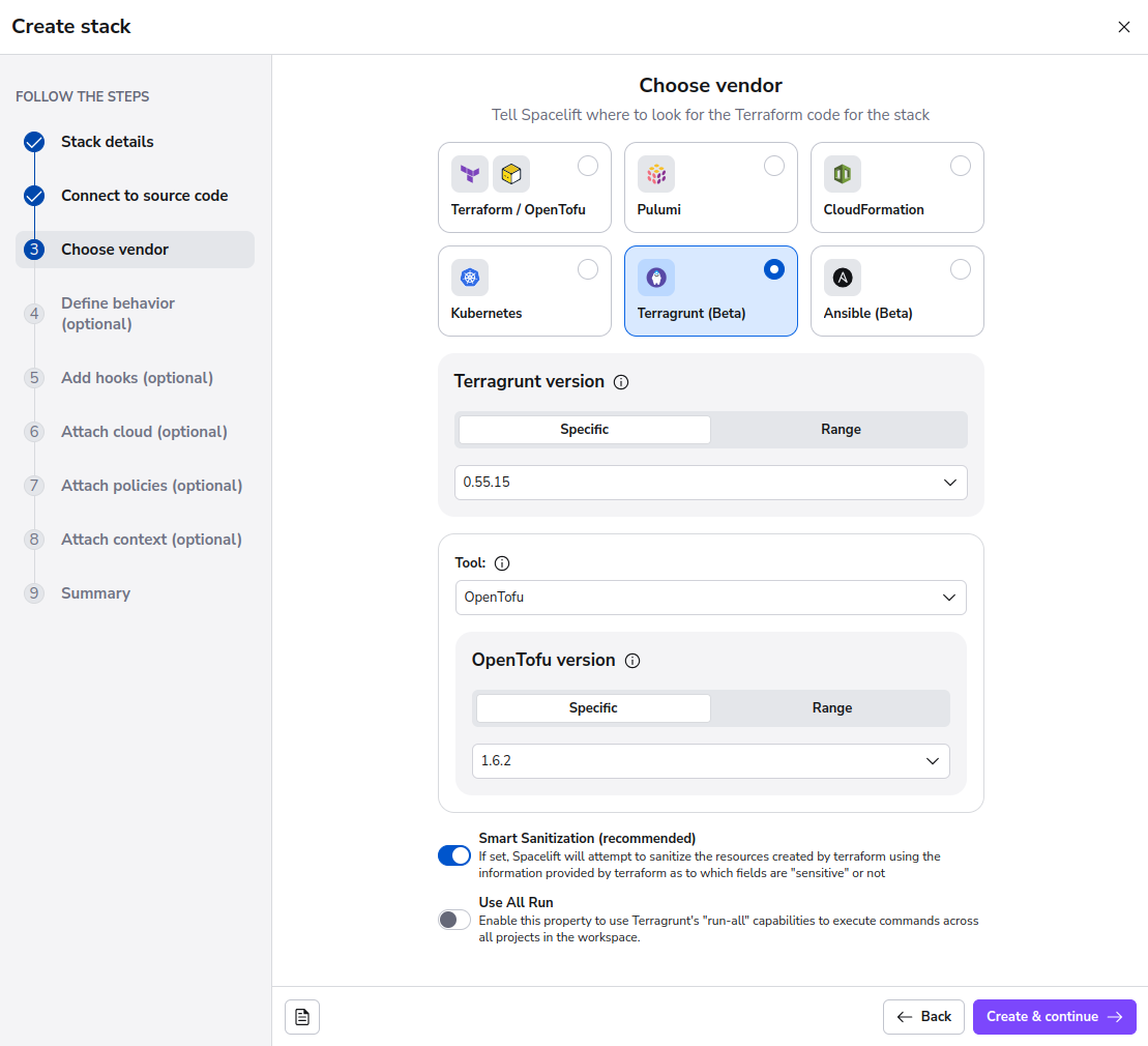 Stack Creation - Choose vendor